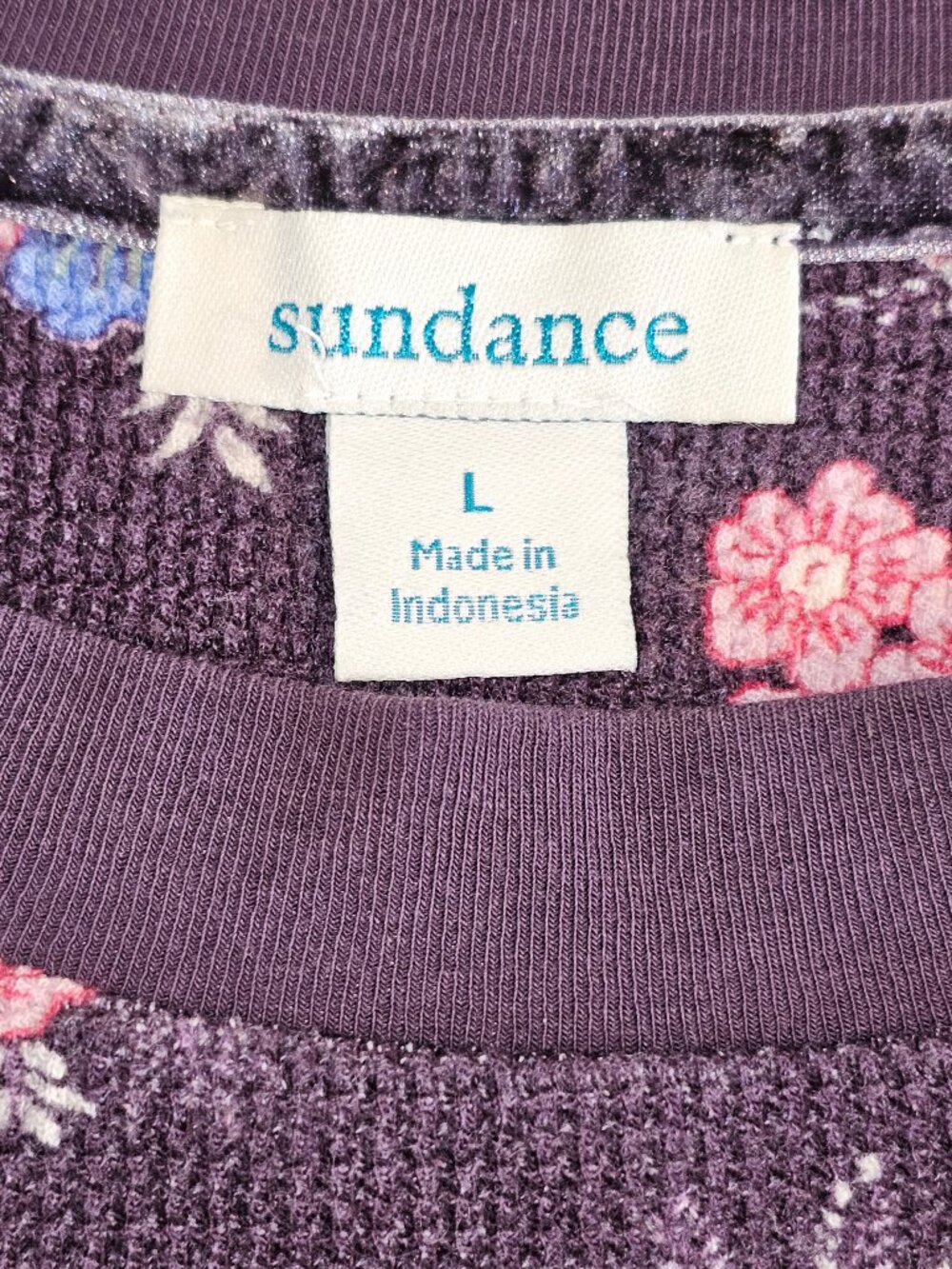 Sundance Waffle Knit Thermal Top Purple Floral  L Button Cuffs Boho - Picture 6 of 8